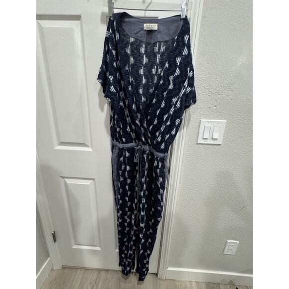 Velvet Graham & Spencer Navy Ikat Print Jumpsuit Drawstring Waist - Picture 1 of 6